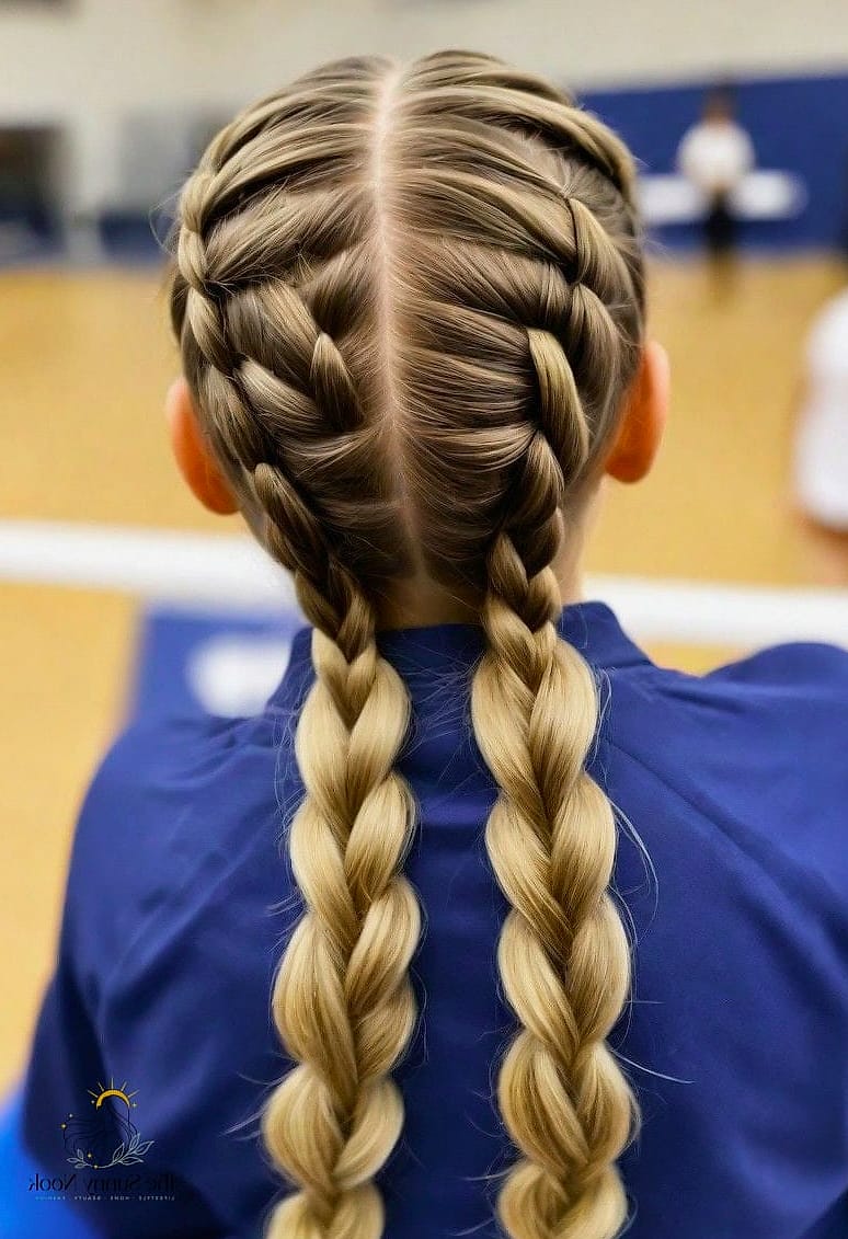 21 Stunning Volleyball Hairstyles Easy Worth Bookmarking Today 17 Double Braided Buns