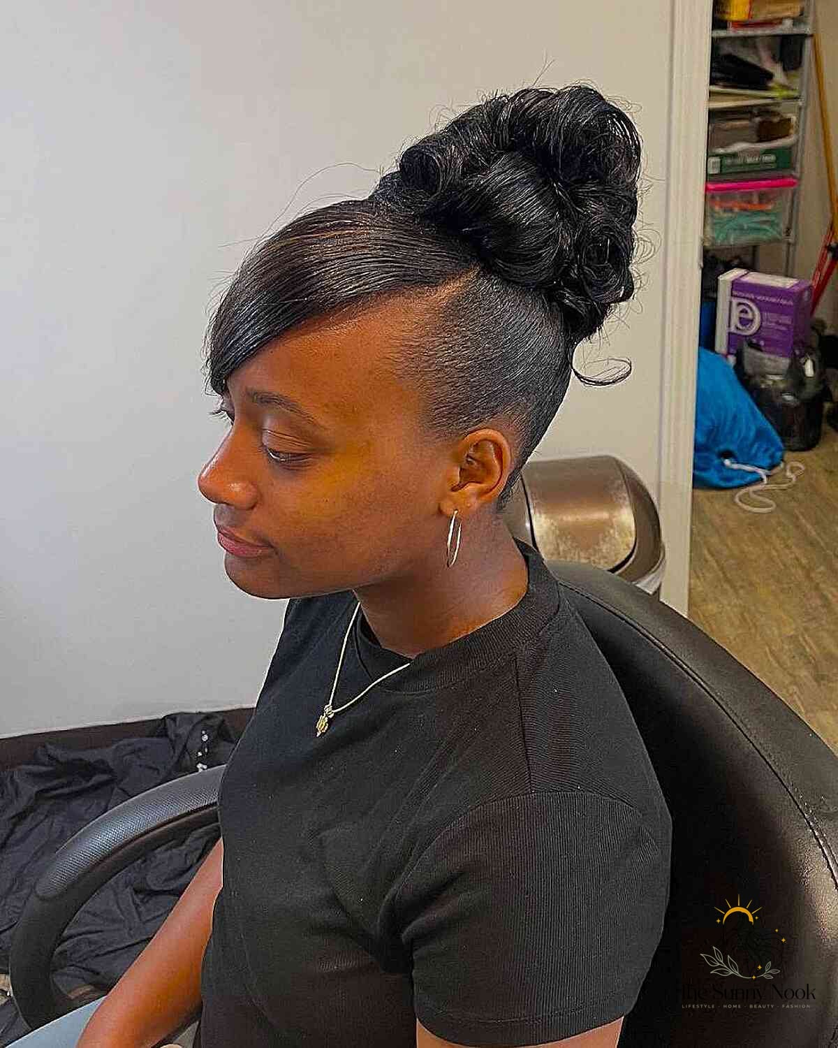 16 Gorgeous Black Women Updo Hairstyles for Every Hair Type 6 Elegant Black Updo with Side Bangs