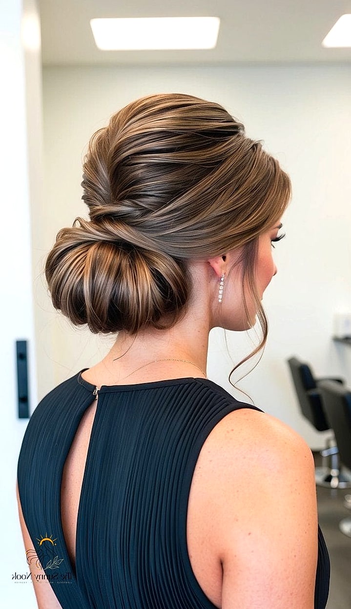 22 Classy Updo Hairstyles That Prove This Trend Is Here to Stay 2 Elegant Nape-Gathered Chignon with Brunette Highlights