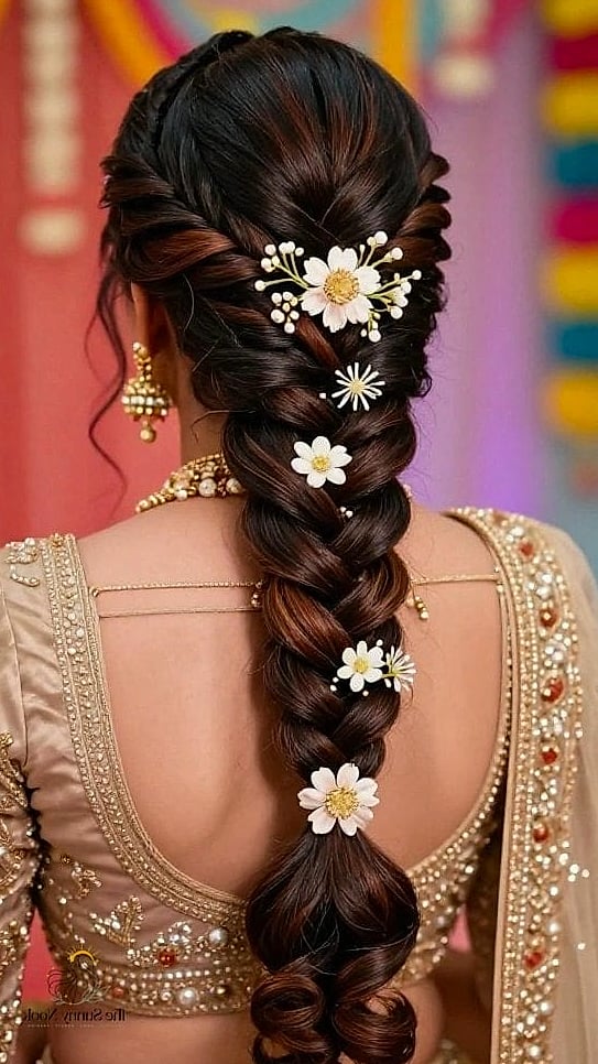 20 Indian Wedding Guest Hairstyles Inspo That's Giving Us Everything 7 Fishtail Braid Draped Over One Shoulder