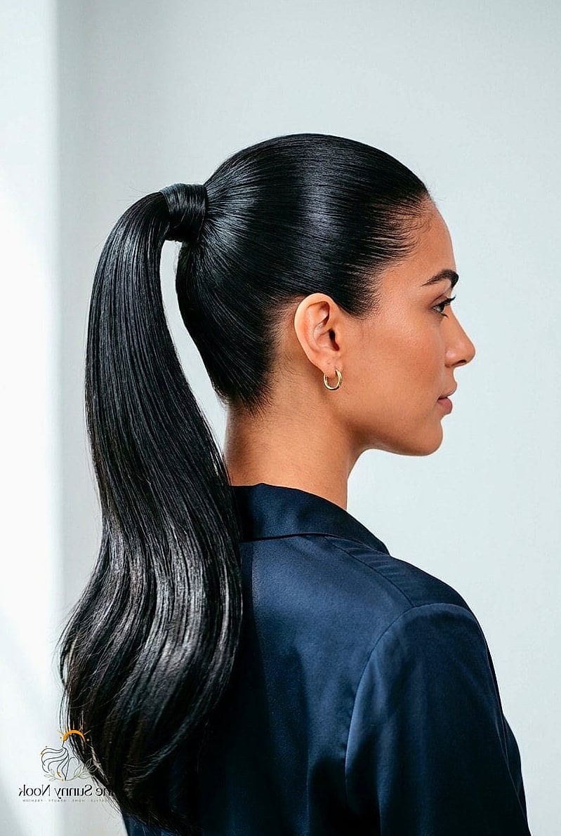 27 Gorgeous Straight Ponytail Hairstyles for Every Hair Type 25 Glossy Black Straight Ponytail