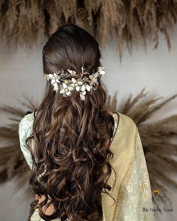 16 Open Hairstyles For Lehenga for When You Need a Fresh Change 6 Half-Up Half-Down With Braided Accents
