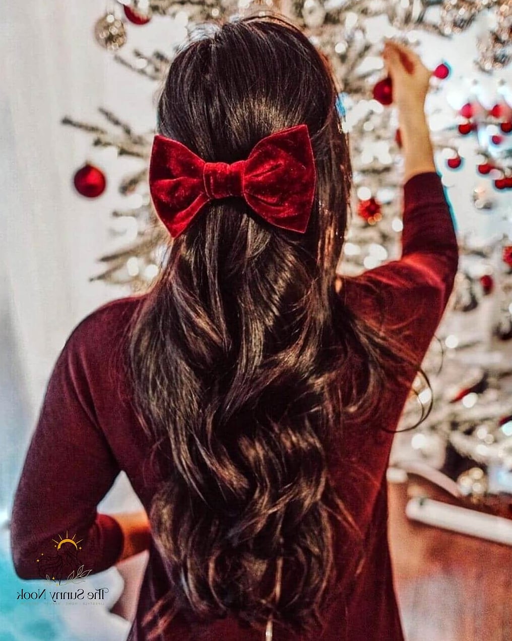 23 Cute Christmas Hairstyles That Are Actually Easy to DIY 2 Half-Up Velvet Bow Style