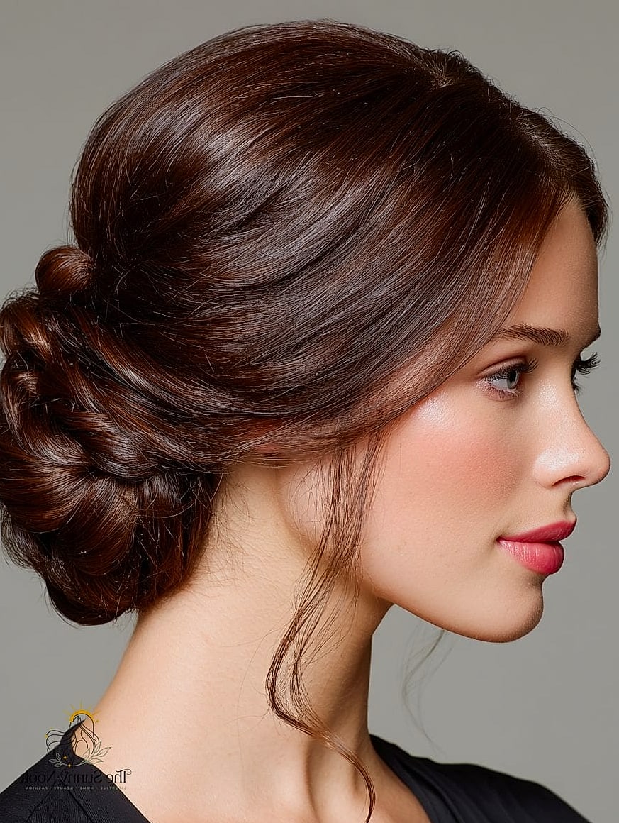 11 Prom Hairstyles Bun for When You Need a Fresh Change 6 Low Twisted Bun with Curtain Bangs