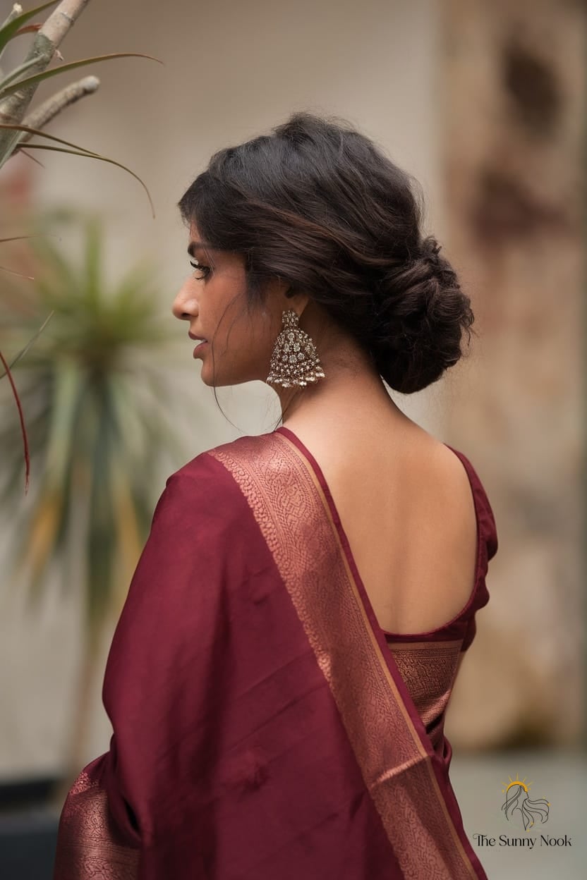 11 Messy Bun Hairstyles Indian Saree to Show Your Stylist ASAP 2 Messy Bun with Statement Earrings