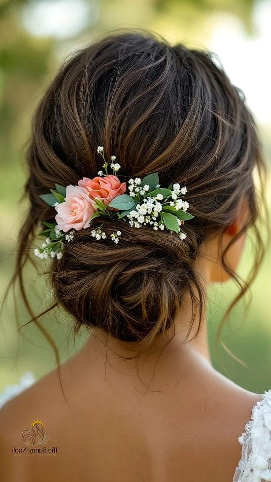 11 Messy Bun Hairstyles Indian Saree to Show Your Stylist ASAP 7 Messy Bun with Fresh Flowers