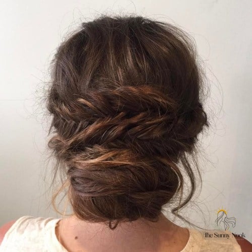 18 Messy Updo Hairstyles That Belong on Your Inspiration Board 2 Messy Chignon with Fishtail Braid