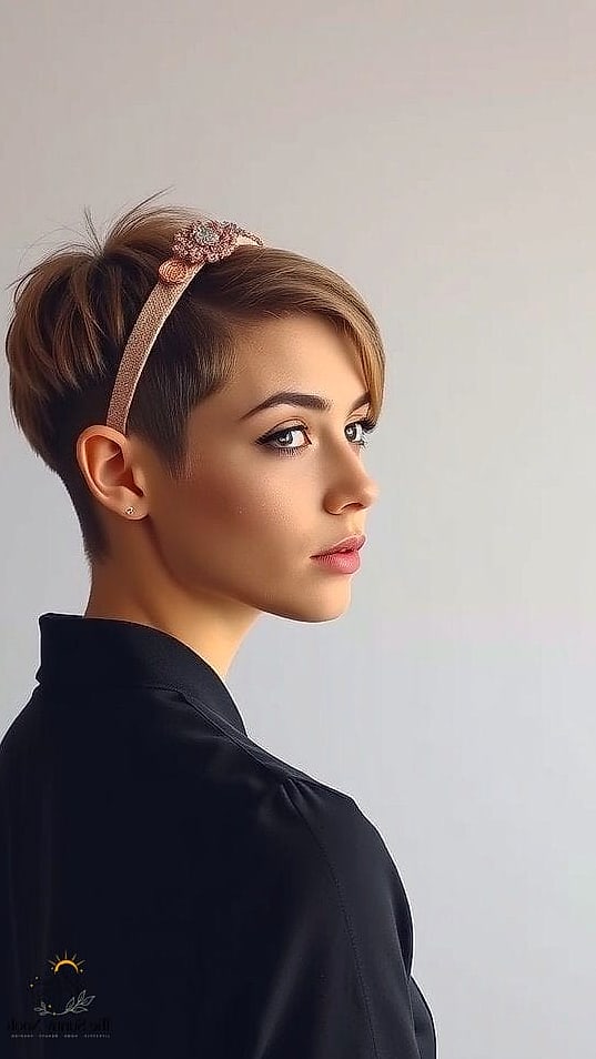 18 Stunning Short Hair Headband Hairstyles Worth Bookmarking Today 7 Pixie Cut with Rhinestone Headband