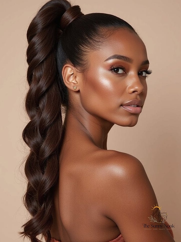 23 Slick Ponytail Hairstyles That Work on Every Hair Length 11 Ponytail with a Wrapped Elastic and Ribbon