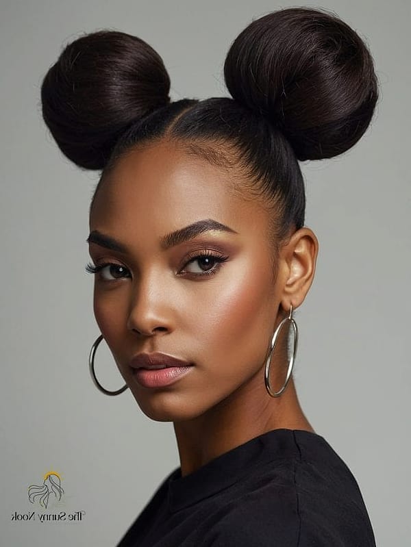 16 Gorgeous Black Women Updo Hairstyles for Every Hair Type 10 Sleek High Bun with Baby Hair Swirls