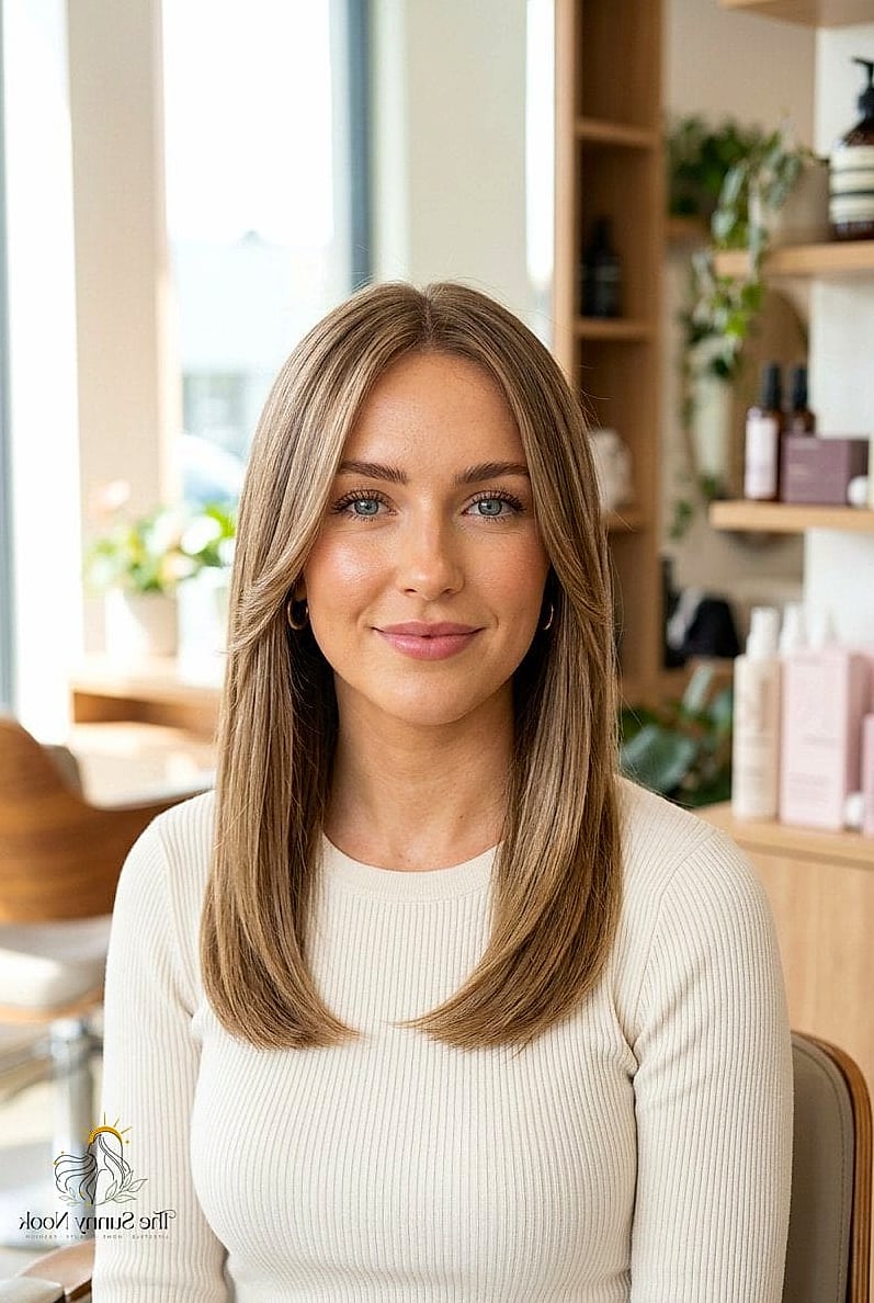 Straight Hair with Face-Framing Curtain Layers and Balayage
