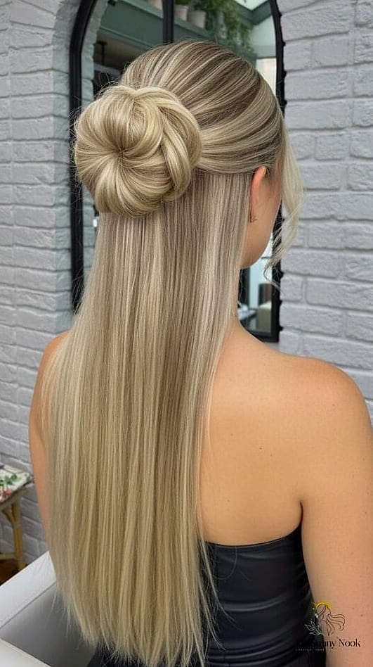 Straight Hair Half-Bun with Bangs