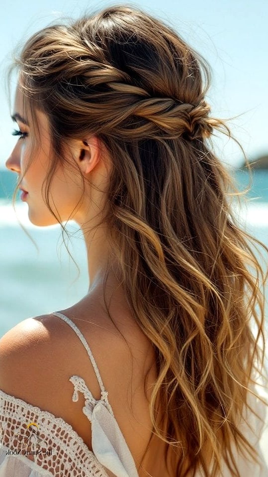 22 Easy Beach Hairstyles That Are Actually Easy to DIY 15 Twisted Half-Up Style