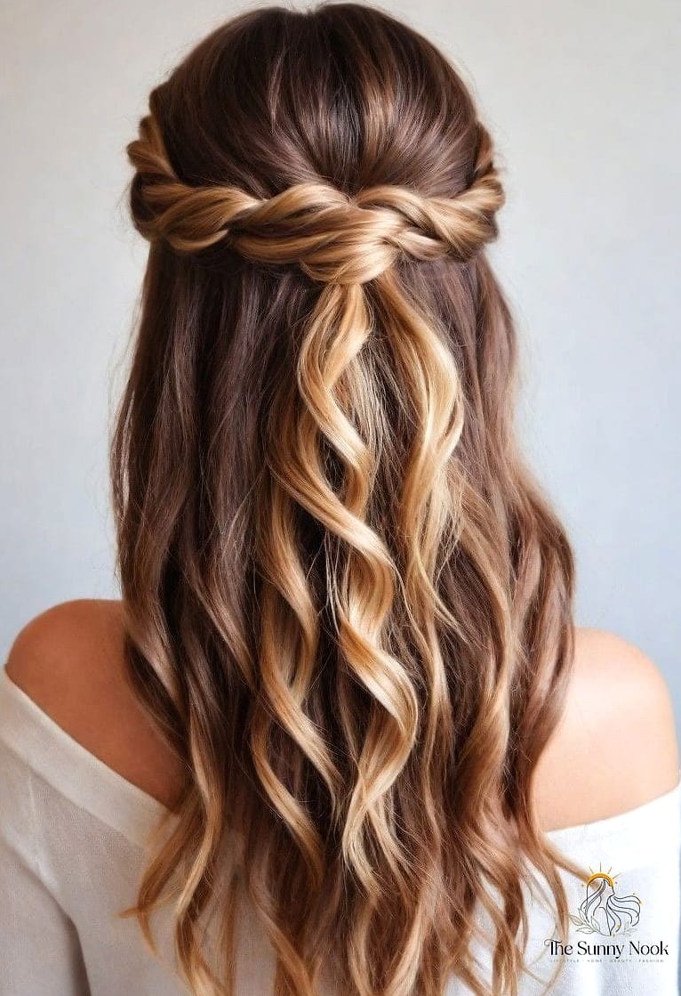 25 Boho Hairstyles For Short Hair That Are Actually Easy to DIY 13 Twisted Half-Up with Flowers