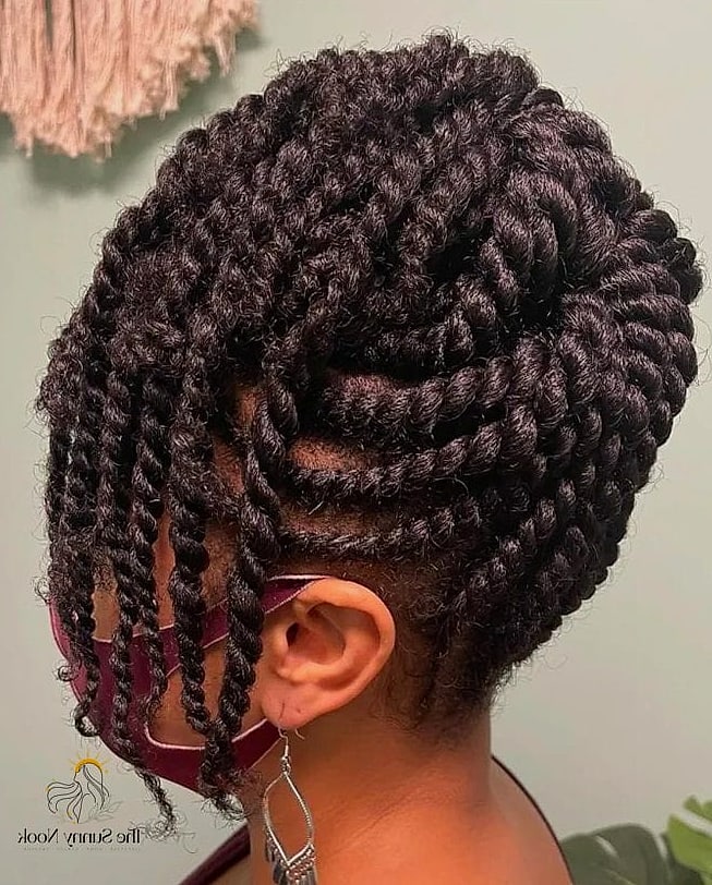 16 Gorgeous Black Women Updo Hairstyles for Every Hair Type 15 Twisted Updo with Curly Bangs