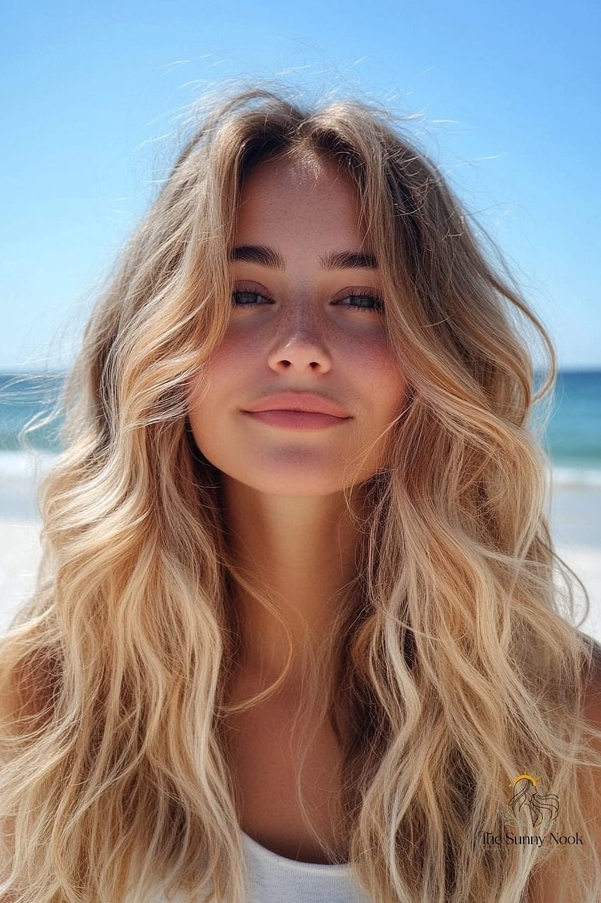 20 Cute Beach Hairstyles That Prove This Trend Is Here to Stay 7 Wavy Shag With Curtain Bangs